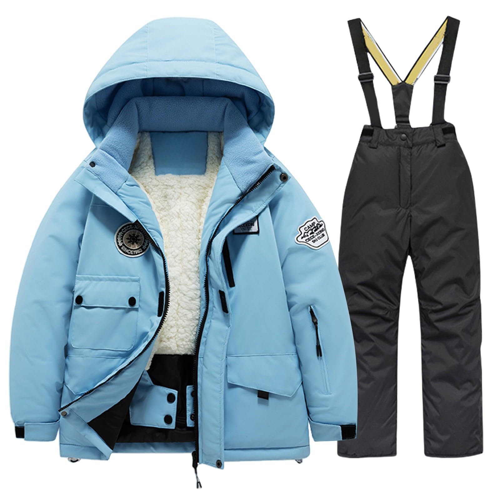 Tuta da neve spessa per ragazzi e ragazze, 2 pezzi, foderate in pile, con pettorina e pantaloni, per adolescenti e bambini, isolanti, invernali, da escursionismo, con tasche