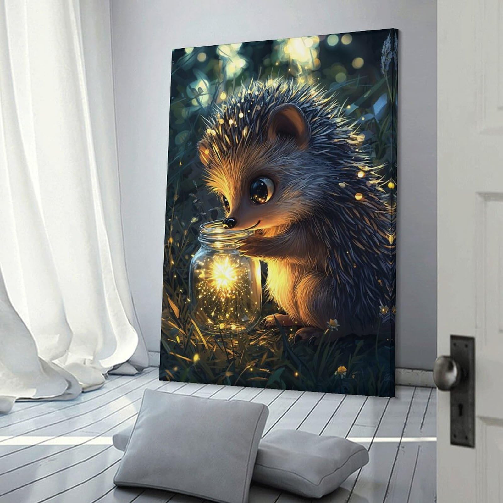 Junmoney Hedgehog with Firefly Jar Room Decor Wall Art, 24x36inch(60x90cm), for Home Office, Desk Area Or Studio, An Interior Accent for Desk Areas