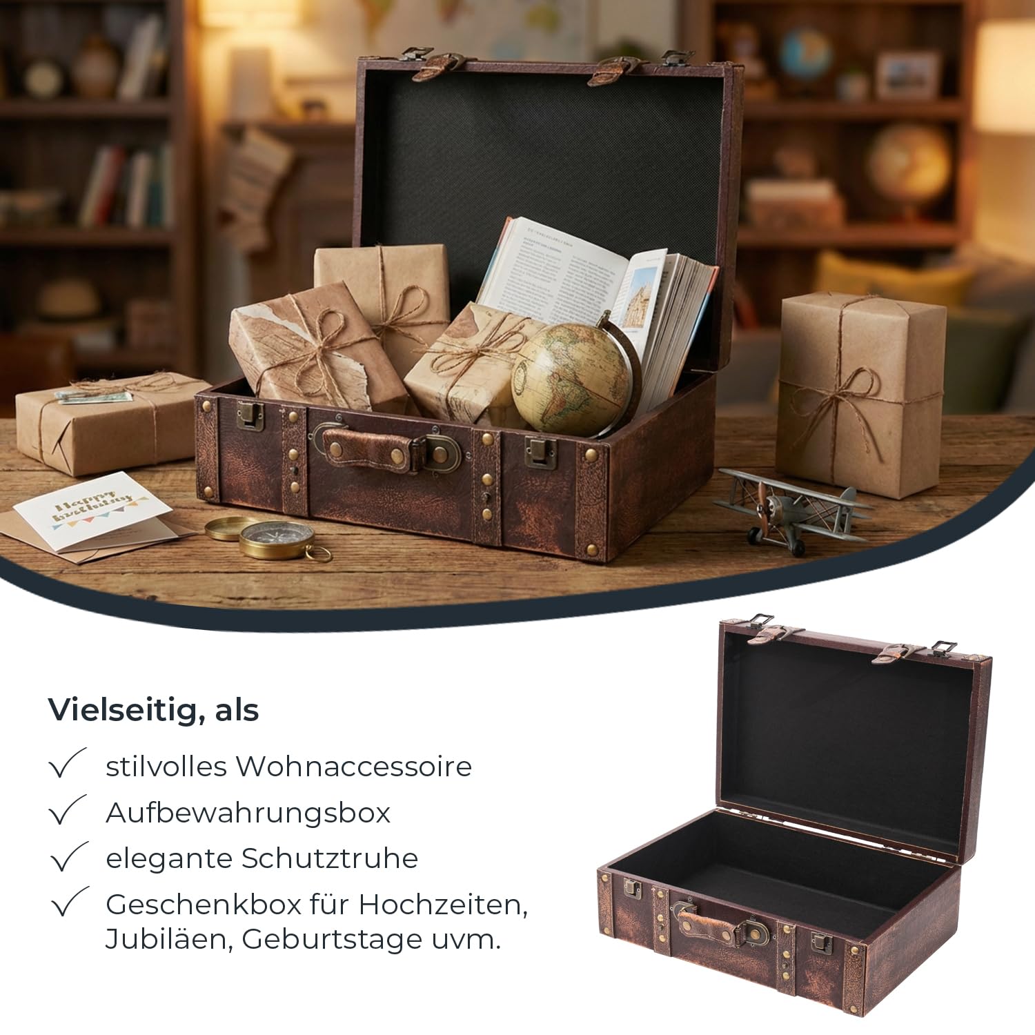 HMF Vintage Deko Koffer aus Holz, Aufbewahrungsbox mit Deckel und Ledergriff, stilvolle Aufbewahrung und Geschenkidee für Hochzeit oder Geburtstag | Klassik | 38 x 26 x 13 cm