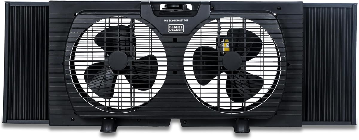 BLACK+DECKER 9" Dual Window Fan with 2 Speed Settings, Twin Fan Heads with Mechanical Dial Control, Removable Legs, For Sliding Windows up to 33” W with Accordion Expanders, BFW9MB, Black