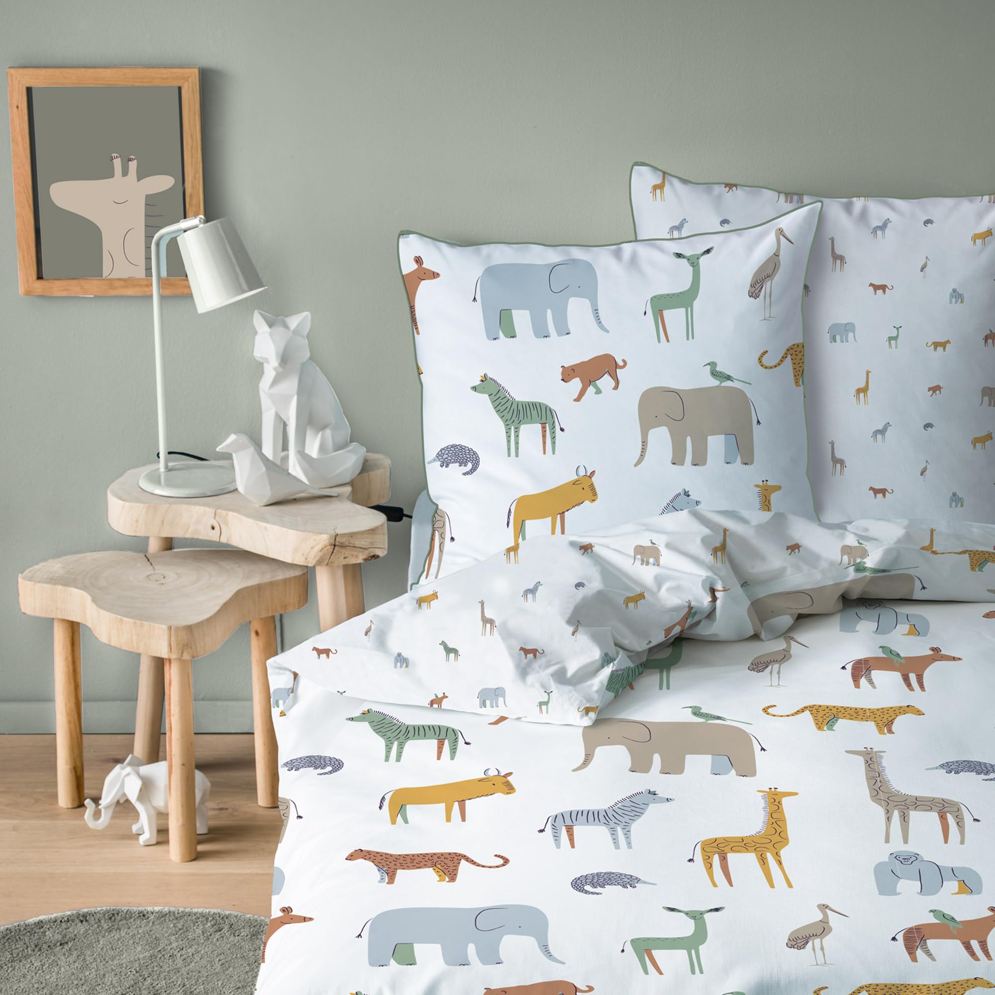 Parure De Lit Enfant 140x200cm Animaux Du Monde - 100% Coton OEKO-TEX - Housse De Couette + Taie 63x63cm - Beige