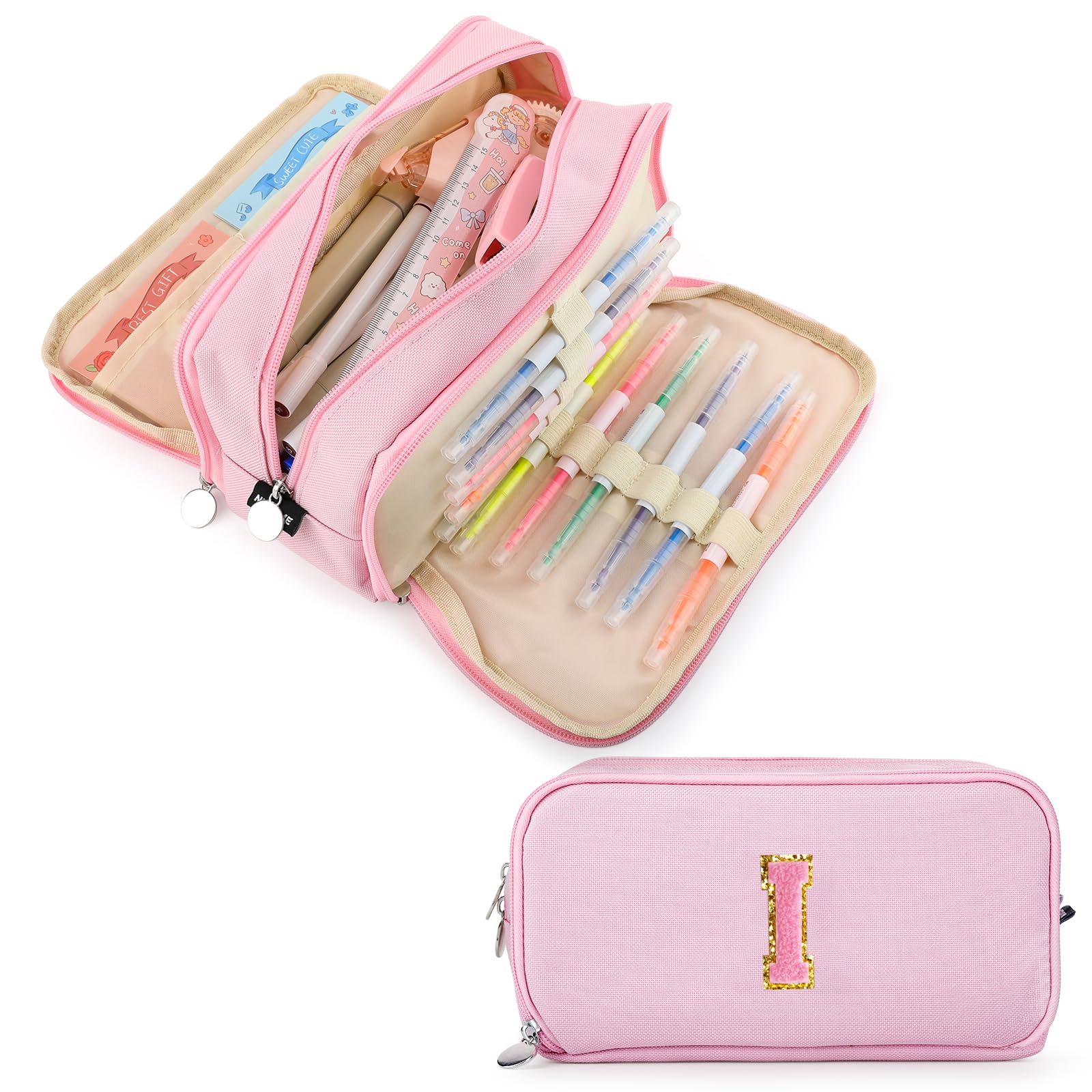 Extra Large Capacity Pencil Case 3 Compartment Initial Pencil Pouch Personalized Cute Aesthetic Stationery Pen Case Bag for School Teen Girl Boy Men Women Gift (I, Pink)