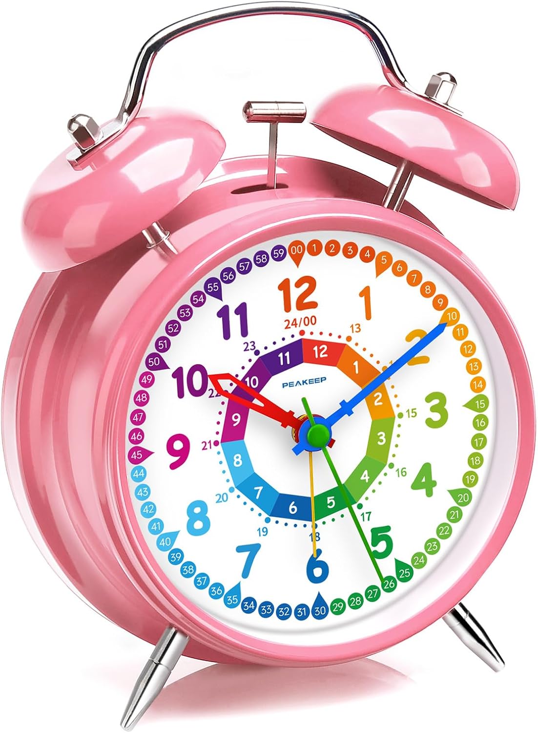 Peakeep 4.5" Loud Twin Bell Alarm Clock for Kids - Colorful Learning Time Teaching Clock for Heavy Sleepers