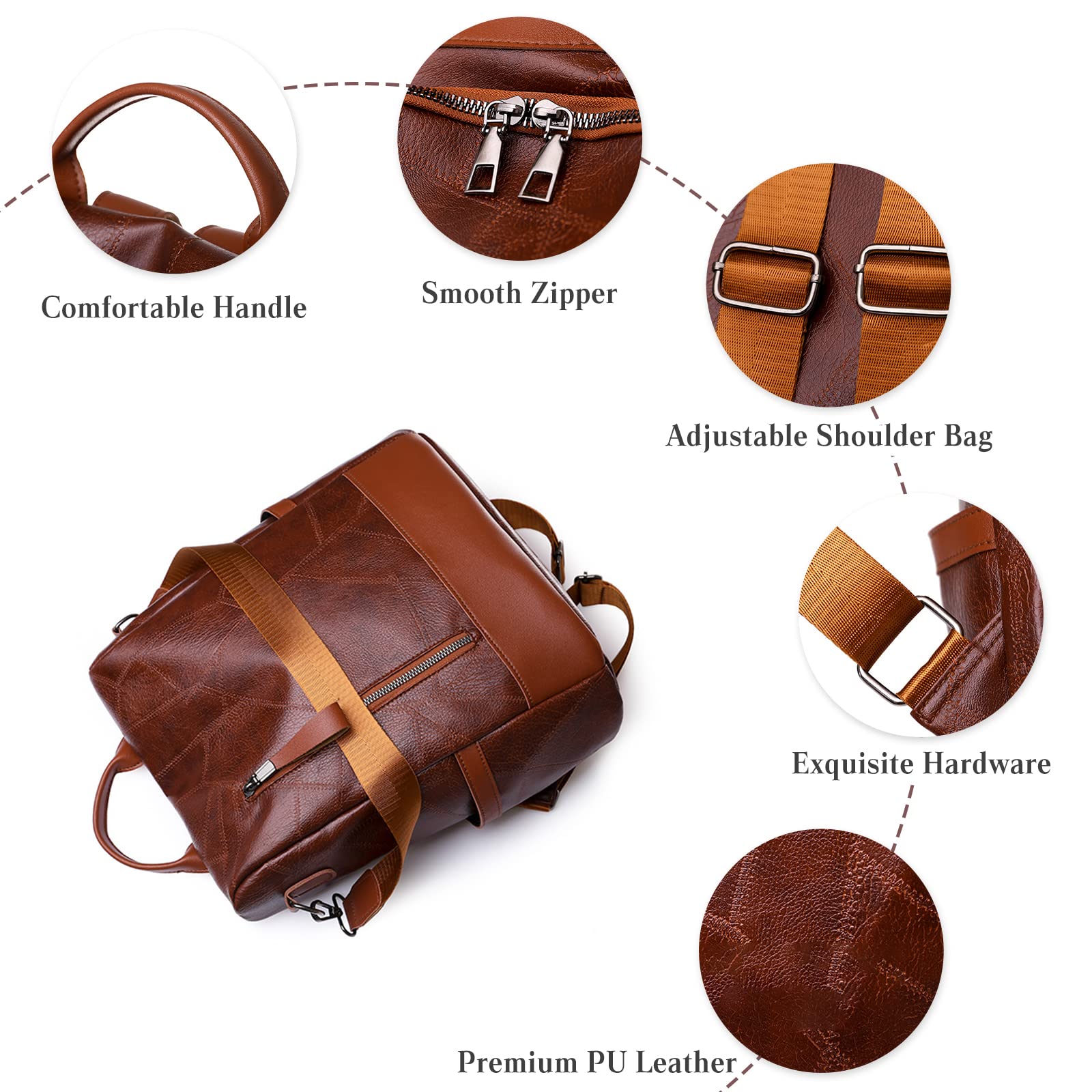 Antivol Sac à Dos Femme Sacs à Bandoulière Fille Sac D'école Étanche PU Cuir Backpack pour L'école Travail Loisirs Marron