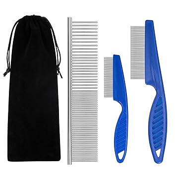 BENSEAO Flea Comb for Cats Dog Comb Lice Comb Metal Teeth Durable Tear Stain Dog Combs Remove Float Hair Combing Tangled Hair Dandruff Pet Comb Grooming Set 3 Pieces Add Storage Pouch (Blue)