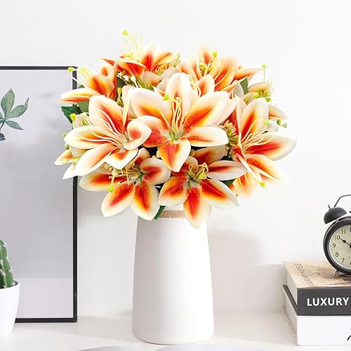 Miniatura 9 de FOUSUKA 4 paquetes de flores artificiales de seda de lirio de tigre, plantas falsas para ramo de boda, fiesta en casa, mesa interior, hotel,