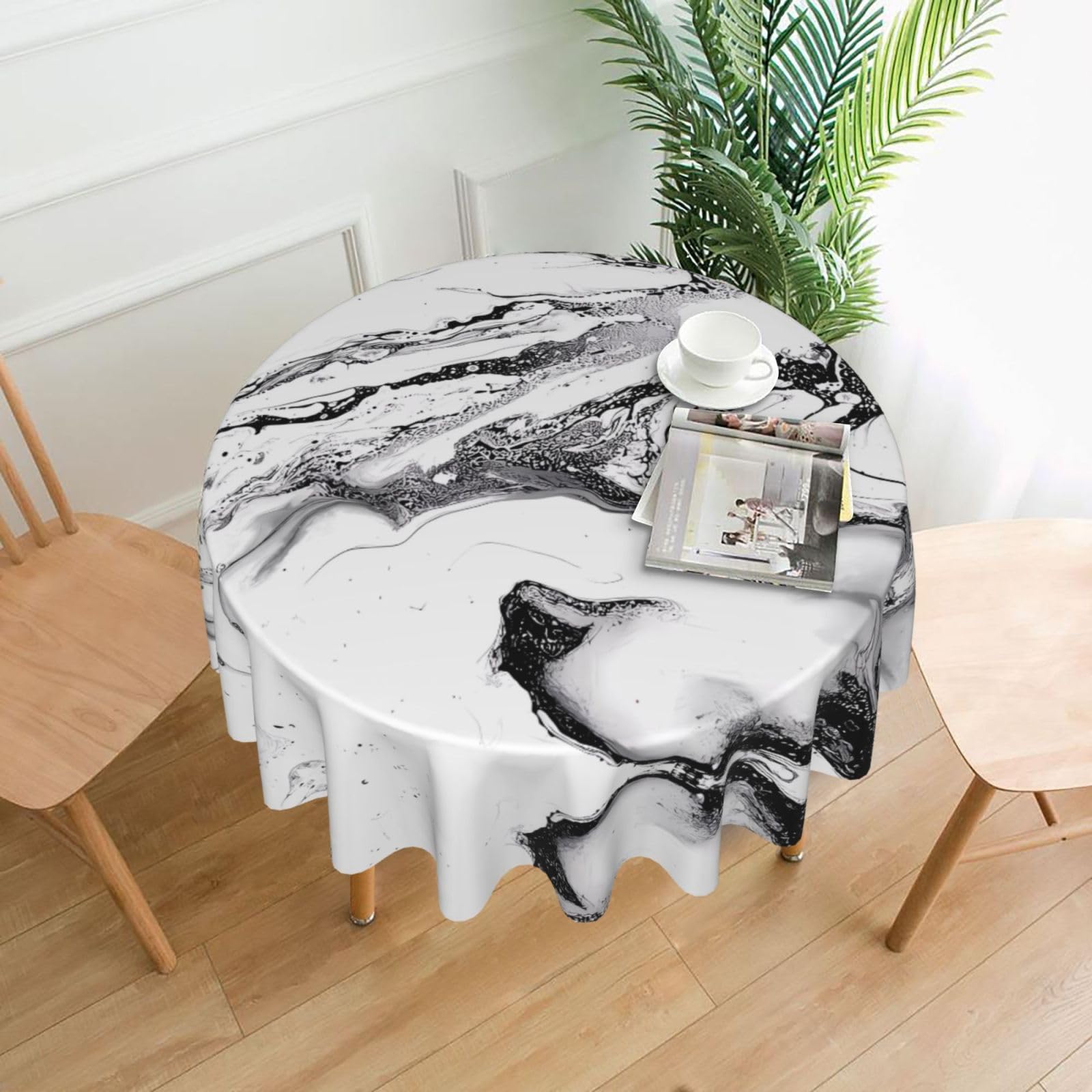 WHJSHOP Black and White Marble Prints Round Table Throw 60 Inch – Waterproof Table Cover for Dining, Coffee Tables, Parties & More - Soft, Wrinkle-Resistant Table Layer