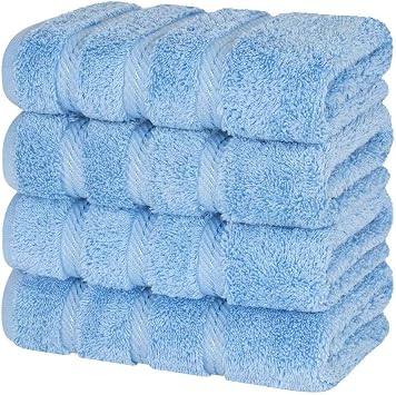 Luxurious Thick Plush Cotton Turkish Bath Hand Towel Set of 4 with Pretty Dobby Borders 16" W X 28" L | Solid Light Sky Blue Color Lofty Soft & Gentle Touch Quick Dry Super Absorbent