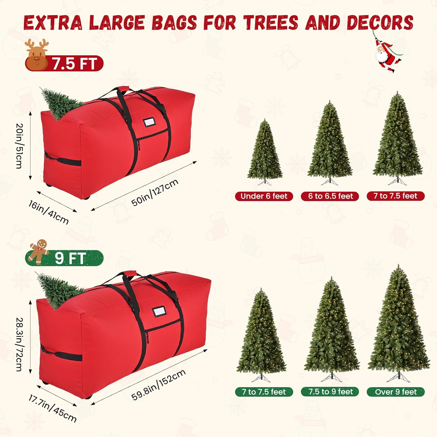 9 ft Christmas Tree Storage Bag - Heavy-Duty Waterproof, Dust-Proof, and UV-Proof, with Dual Zipper, Adjustable Straps, and Universal Wheels 9FT