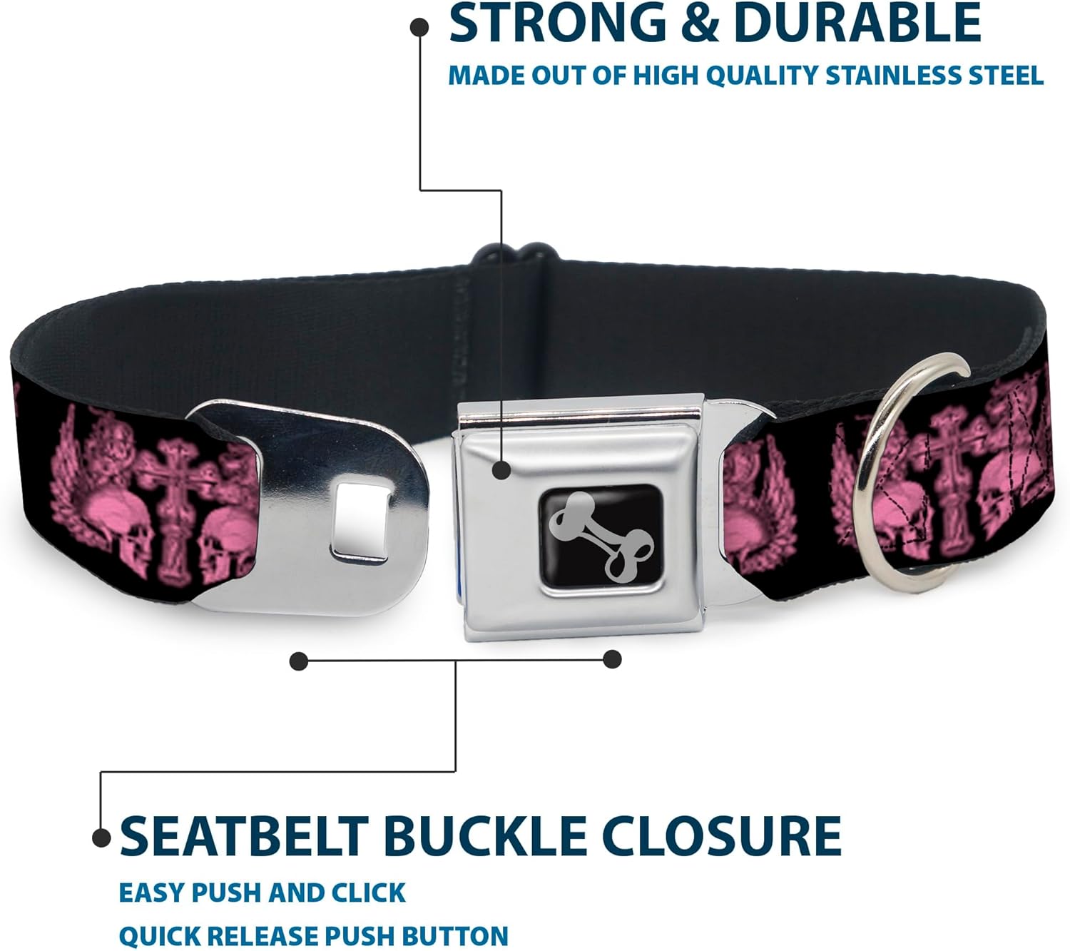 Dog Collar Seatbelt Buckle Buckle Down Skulls Wings Black Pink 13 to 18 Inches 1.5 Inch Wide