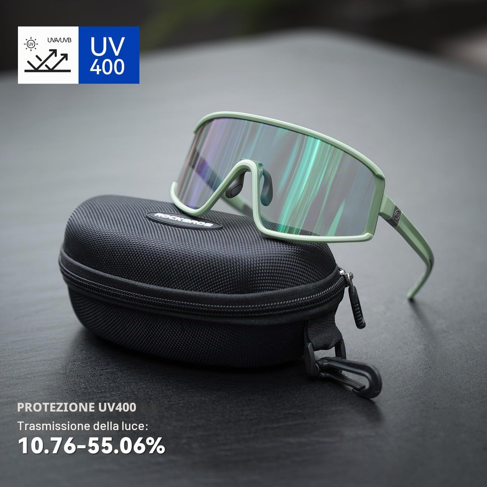 ROCKBROS Occhiali da Ciclismo Fotocromatica Uomo Donna, Occhiali da Sole Sportivi Protezione UV400, Nasello Regolabile, Leggero, Attività All'aria per Bici Guida Golf Sci Pesca Corsa
