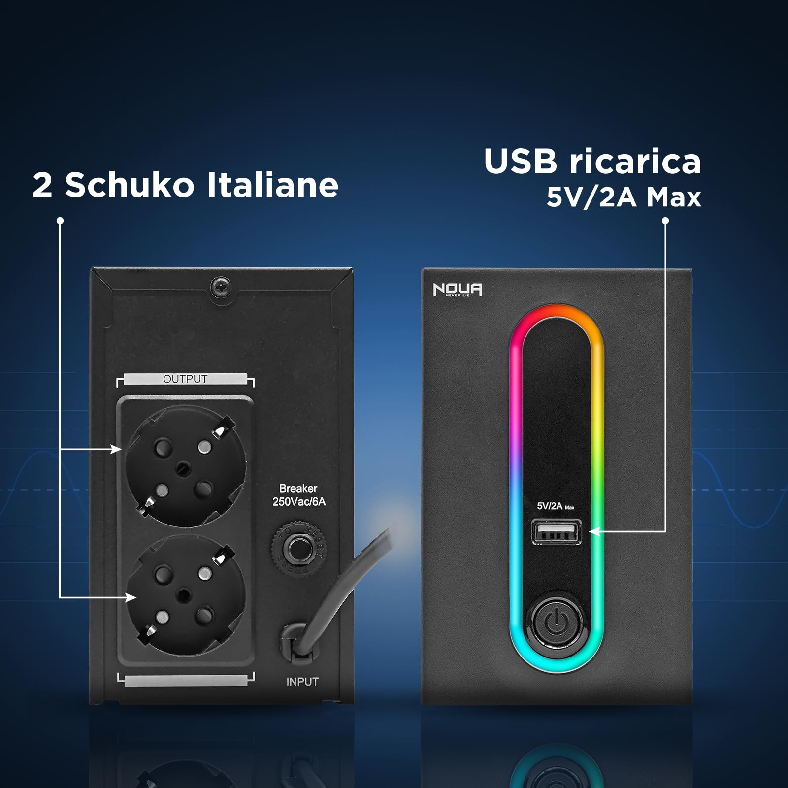Noua Zeus 600VA RGB zasilacz awaryjny do komputera PC UPS Line Interactive 600 VA / 360 W, AVR, 2 wyjścia Schuko, port ładowania USB 5 V/2 A