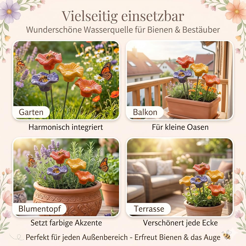 Keramikblüten für Bienen 4/8er-Set, Handgemachte Bienentränke Keramik, Wetterfest & Glasiert Bienentränke Blume, Insektentränke für Beet, Balkon, Terrasse, Fensterbank oder Blumentopf (4)