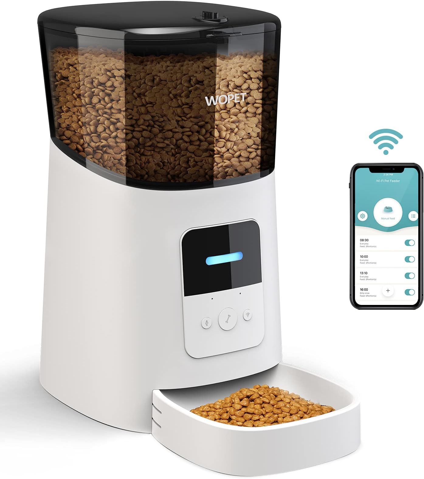 WOPET Automatic Cat Feeder , 6L Wi-Fi Enabled Pet Food Dispenser For Cats and Dogs, with Programmable Portion Control 1-15 Meals per Day, Distribution Alarms and Voice Recorder
