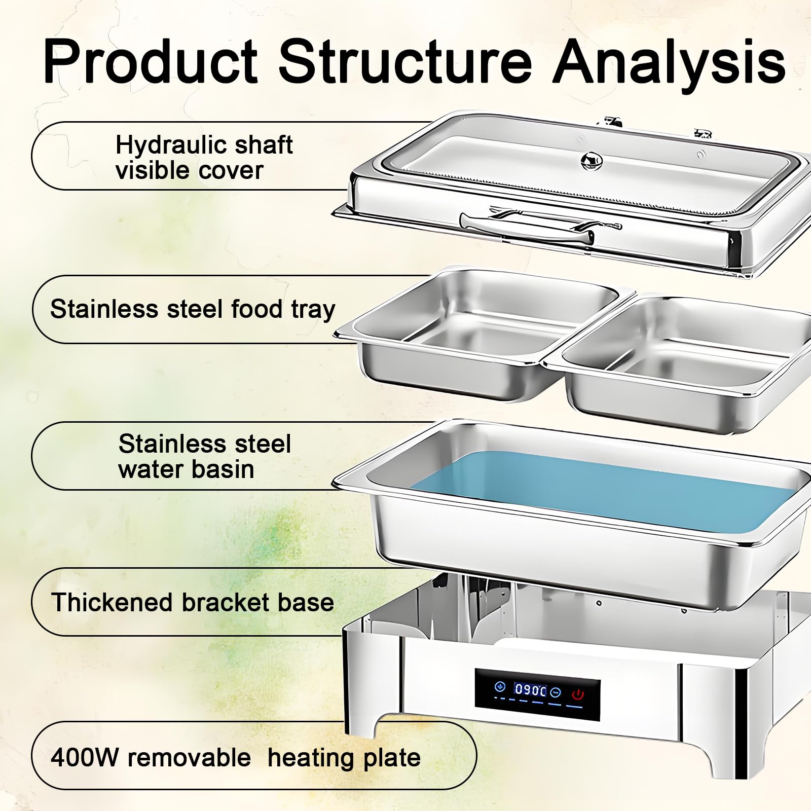 Chafing Dish Elettrico, 9L, 400W, Temperatura Regolabile(Full Pan) | Professionale Scaldavivande Elettrico per Buffet Acciaio Inox, Scaldavivande Catering Buffet con Coperchio Trasparente