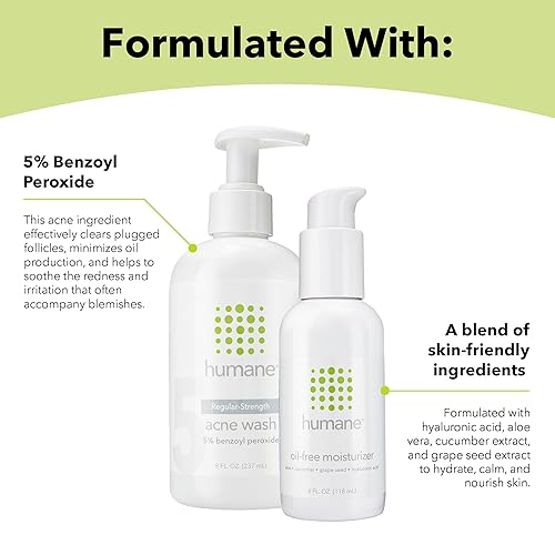 Miniatura 5 de humane Paquete de lavado de acné de fuerza regular y crema hidratante sin aceite, tratamiento del acné con peróxido de benzoilo al 5%
