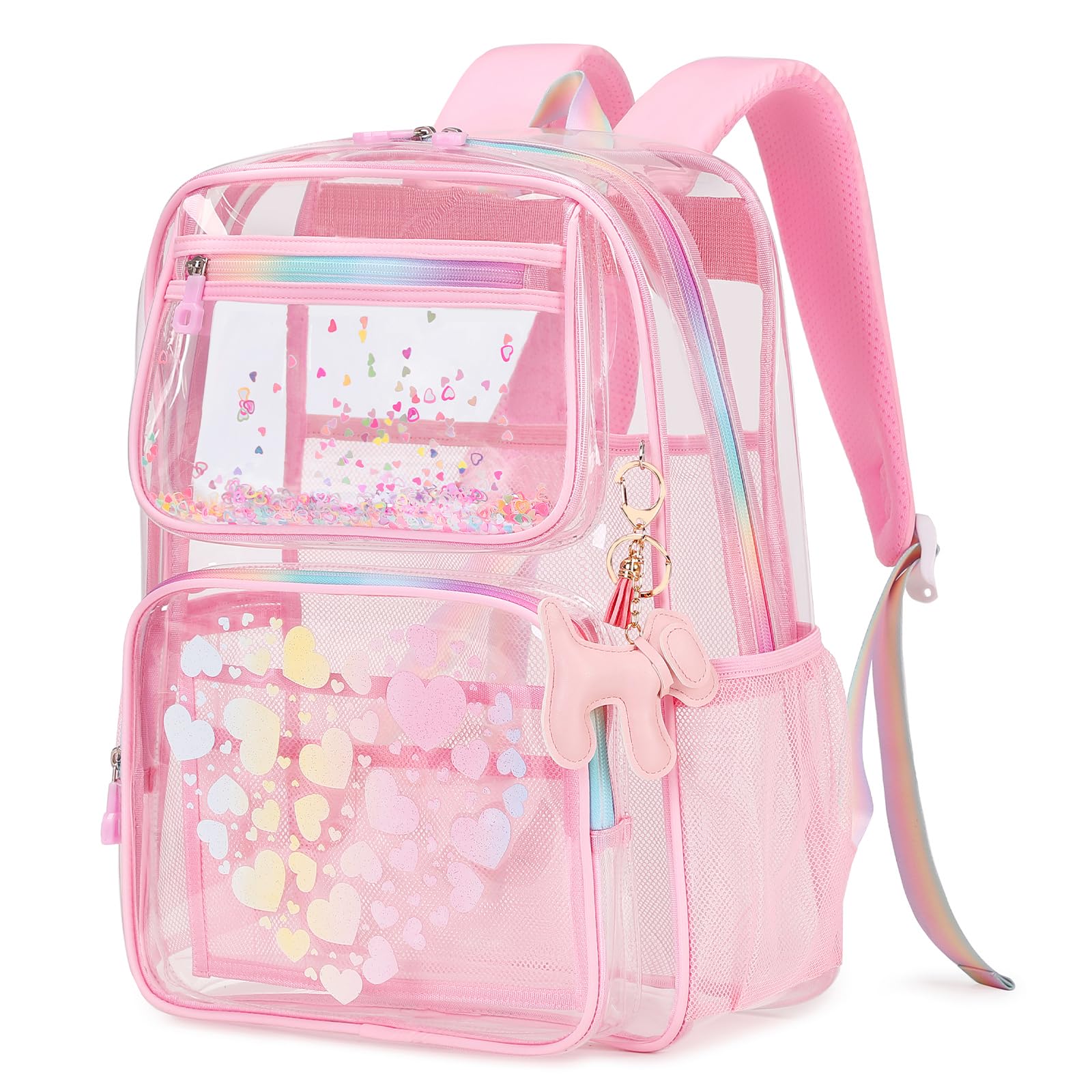 MOONBABY Lovely Clear Backpack for School Girls, Heavy Duty TPU Transparent Backpack Stadium Events Approved, Clear Bookbag, Pink