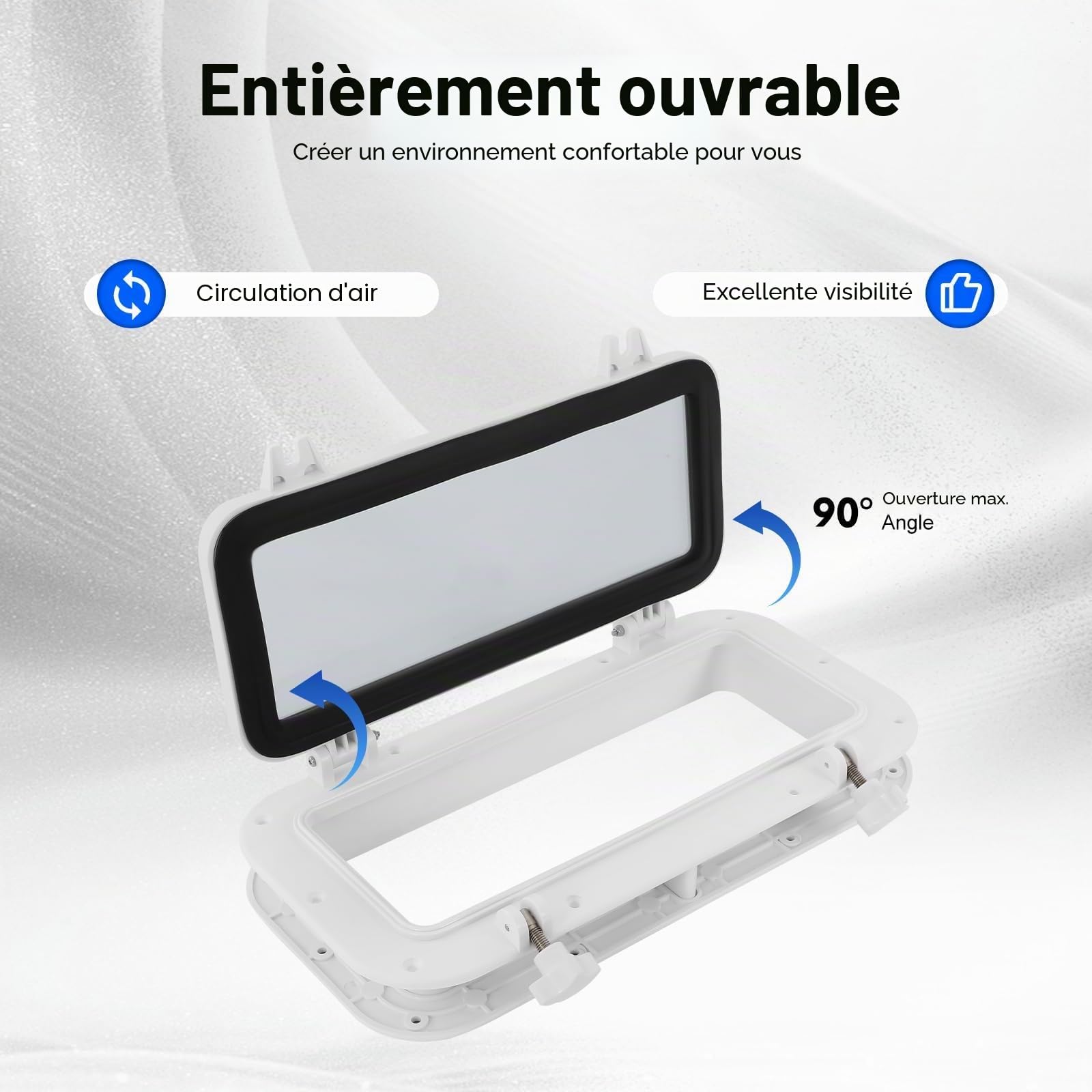 Hublot rectangulaire de 400x200 mm | Fenêtre de bateau en verre trempé et ABS | Ouverture à 90°, étanche et résistant aux UV | Fenêtre pour yacht, camping-car, bateau – Blanc