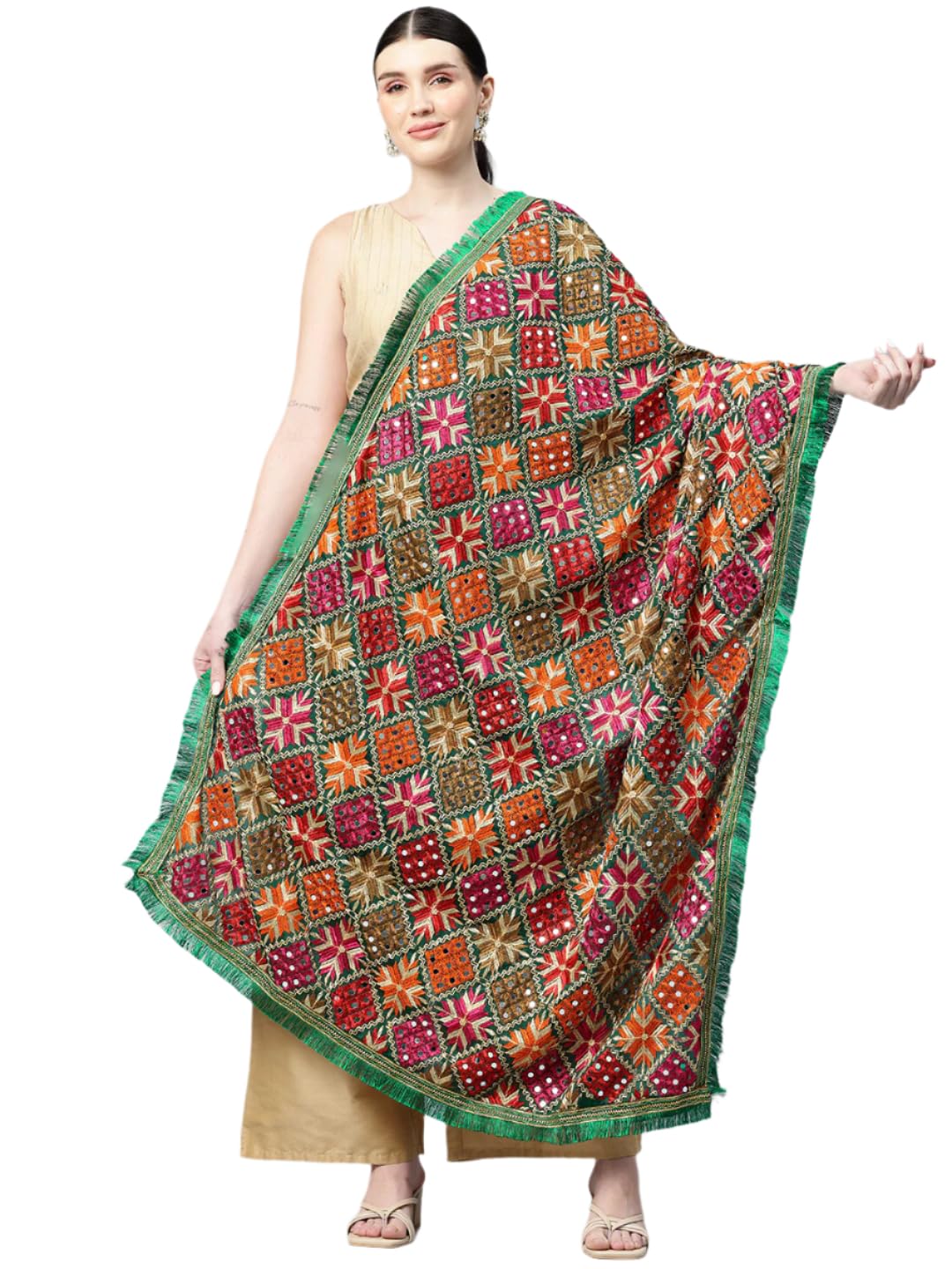 swi with label Women's Heavy Embroidered Chiffon Phulkari Dupatta With Mirror Work-picture-17