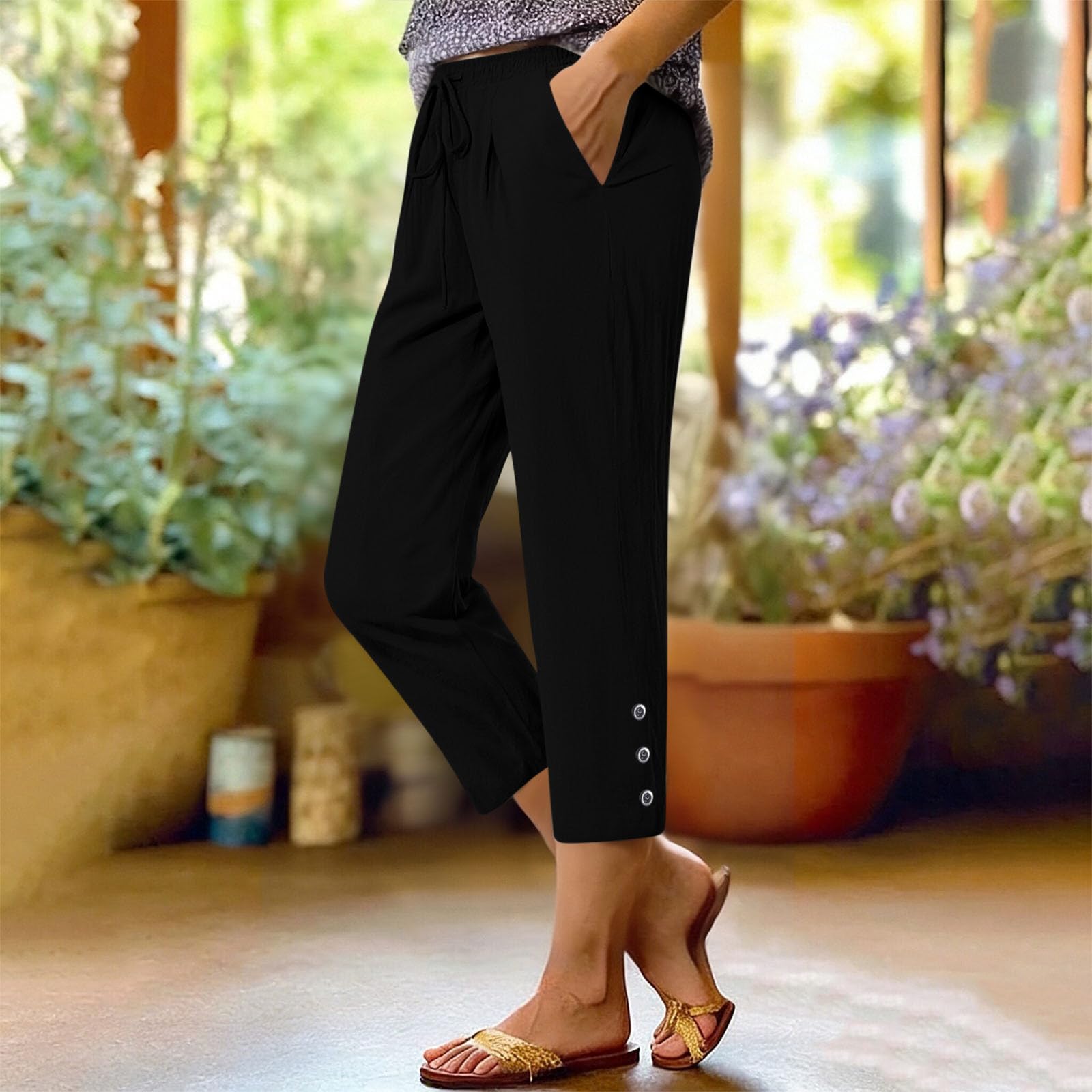 Summer Cotton Linen Capri Pants for Women High Waist Drawstring Straight Leg Capris Casual Beach Cropped Lounge Pant - 3