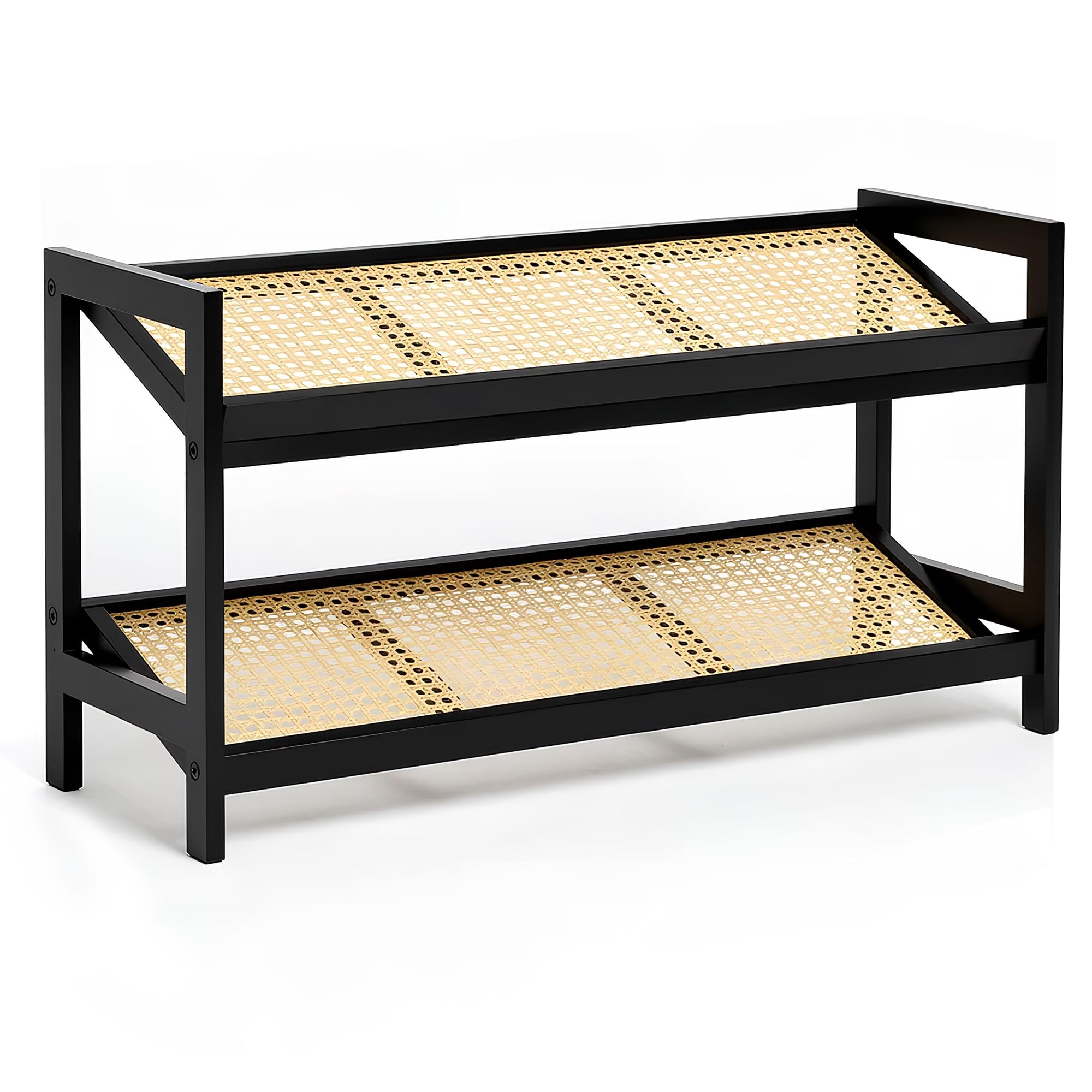 KEPLIN 2 Tier Bamboo and Rattan Shoe Rack Organiser – Eco-Friendly, Durable, Easy Assembly – Compact Design for Entryway, Closet, or Hallway – Stylish and Functional Storage – Black and Natural
