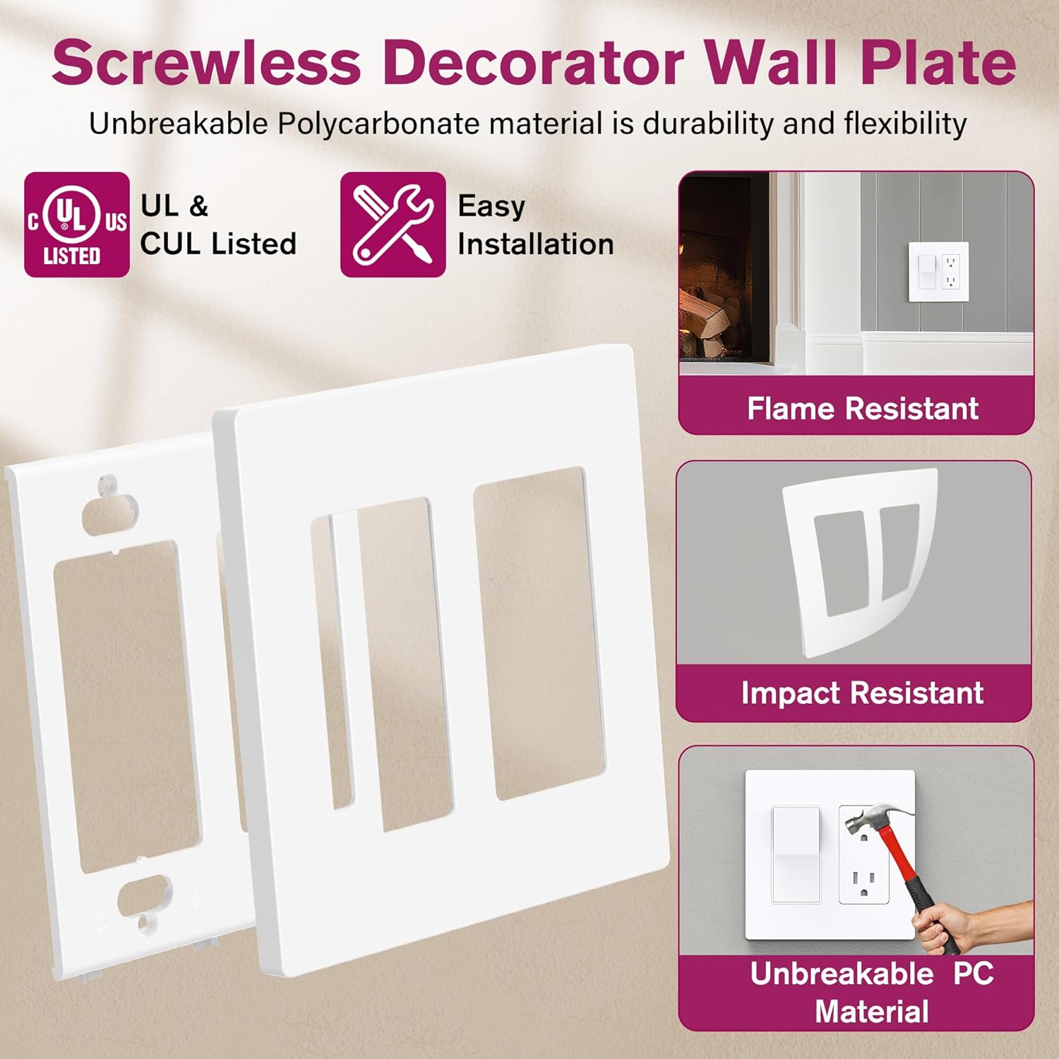 EMITEVER 2-Gang Screwless Decorator Wall Plate Cover for Receptacle Outlet & Light Switch, Standard Size 4.53"H x 4.53"W, Unbreakable Thermoplastic Faceplate, UL Listed, Matte White 1-Pack