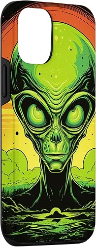 Vista 3 de iPhone 14 Pro Cute Green Alien Head UFO Space Face Alien Case