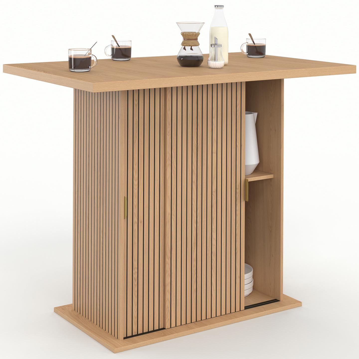 IDMarket - Ilot Central 4 Personnes Juliette 110 cm Pied Central avec Rangement Effet Lattes tasseau de Bois