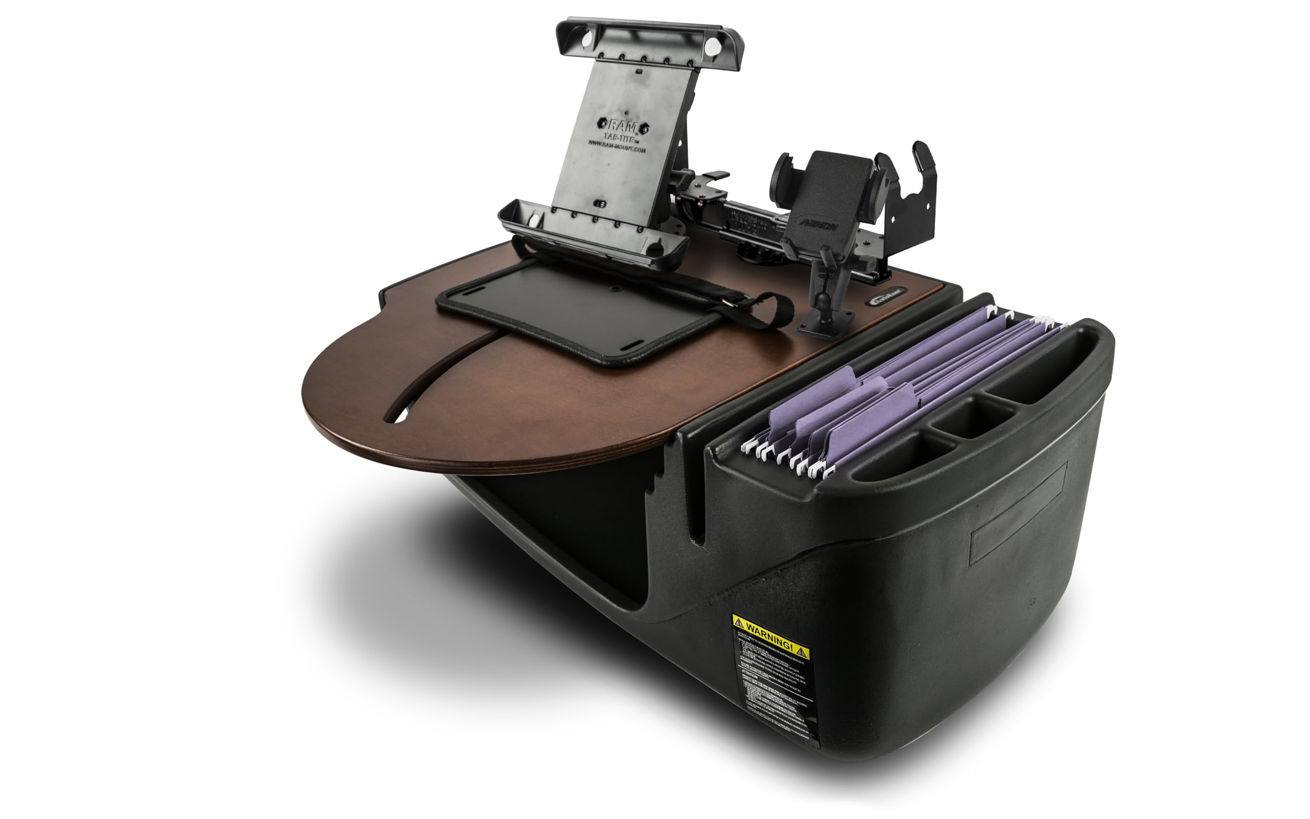 AutoExec AE-RMCD-PM-TAB-PS-21M Roadmaster Car Desk for Your Vehicle Workstation and Mobile Office, Mahogany with Phone Mount, Tablet Mount and Printer Stand