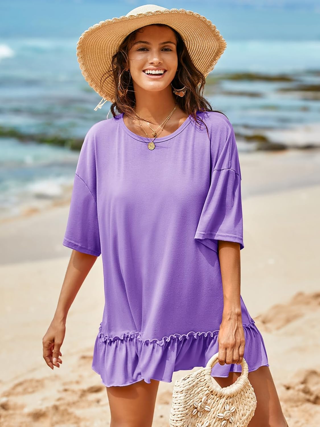 Tankaneo Womens Peplum Oversized Tshirt Summer Flowy Casual Shirt Dress Crew Neck Pleated Babydoll Beach Tunic Tops - Image 4