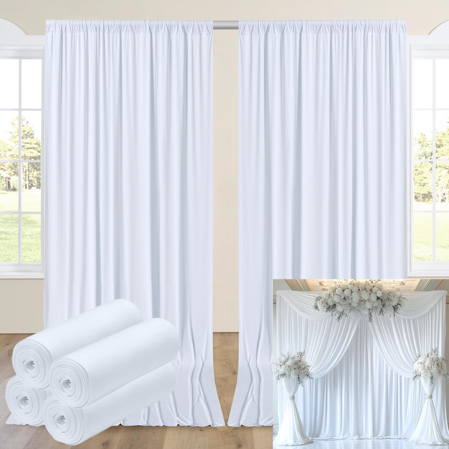 20ftx14FT Wrinkle Free White Backdrop Curtain, 4 Panels 14FT Height White Wedding Backdrop Drapes, Silky Polyester Back Drop Cloth for Birthday