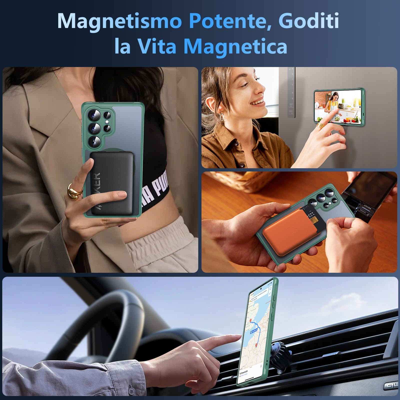 Hensinple Magnetica Cover per Samsung Galaxy S25 Ultra con Vetro Temperato, Compatibile con MagSafe, Custodia Samsung S25 Ultra Antiurto Traslucida Opaca Posteriore Sottile Resistente ai Graffi, Verde