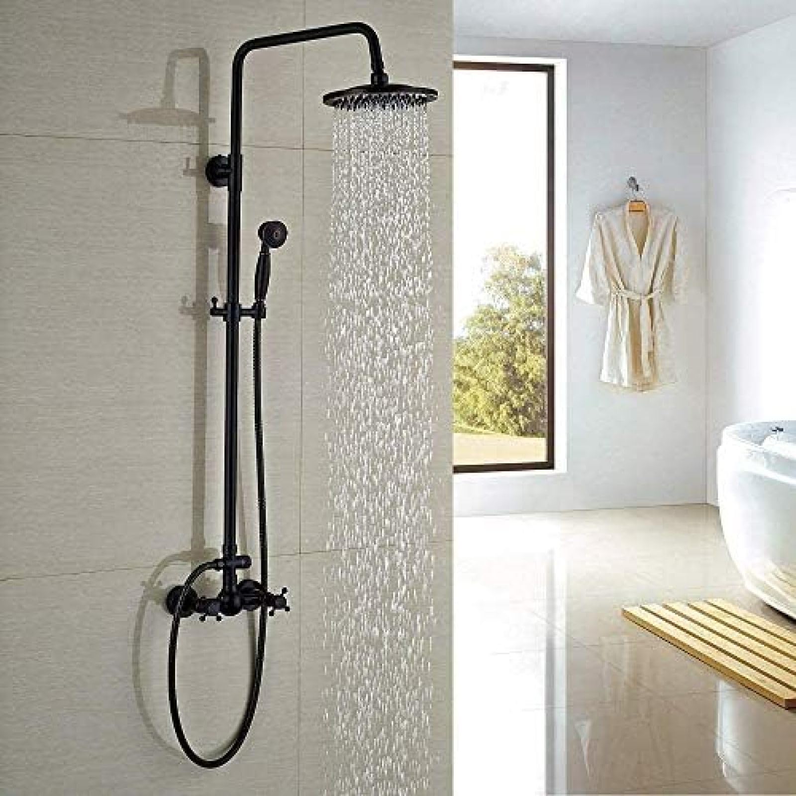 Bateria prysznicowa z deszczownicą, podwójna rączka, mosiężna, czarna, zestaw natryskowy, bateria ścienna, bateria prysznicowa z deszczownicą, interesująca