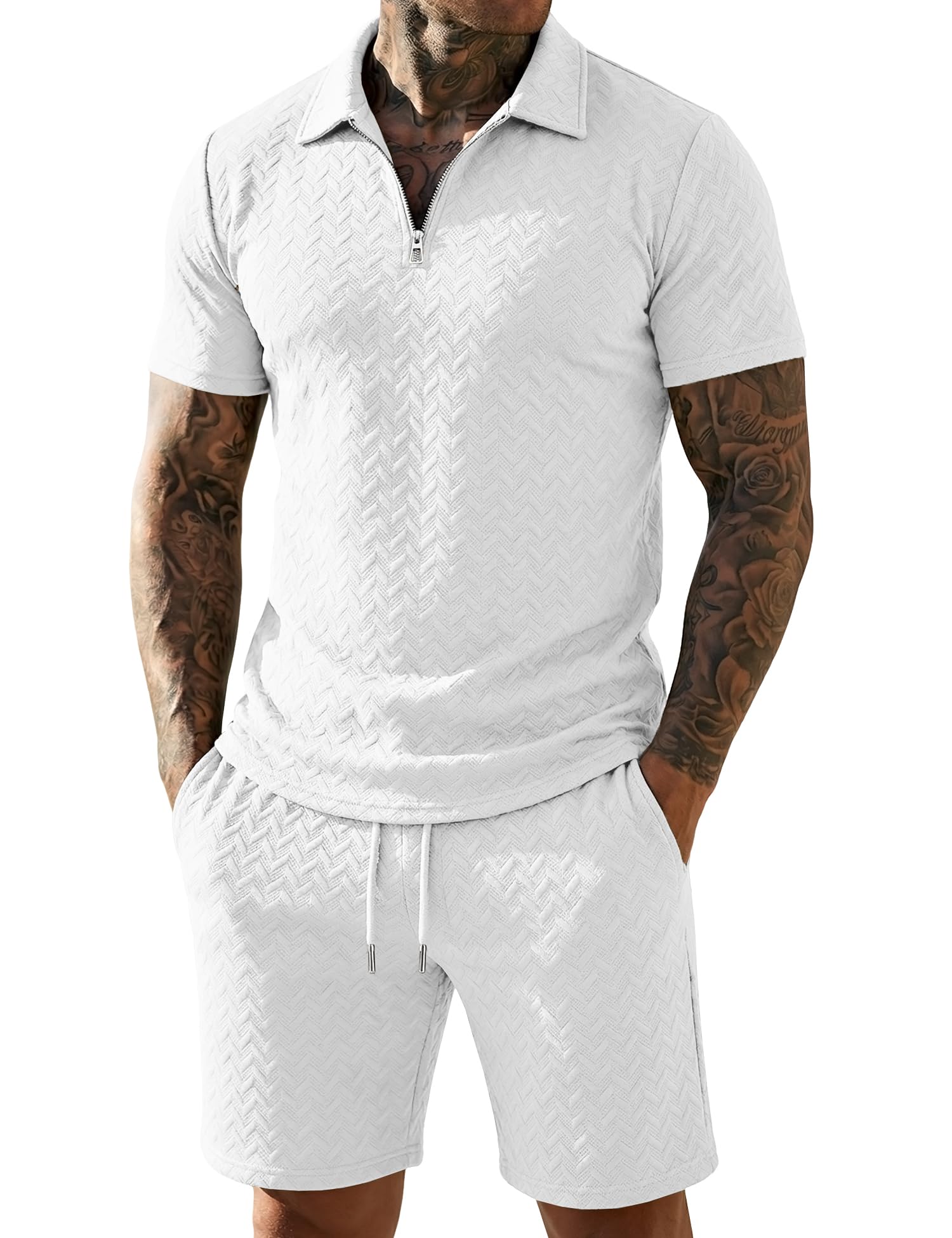 URRU Mens Textured Polo Shirt and Shorts Sets Outfits 2 Piece Summer Tracksuits Casual Quarter Zip Golf Polo Shirts