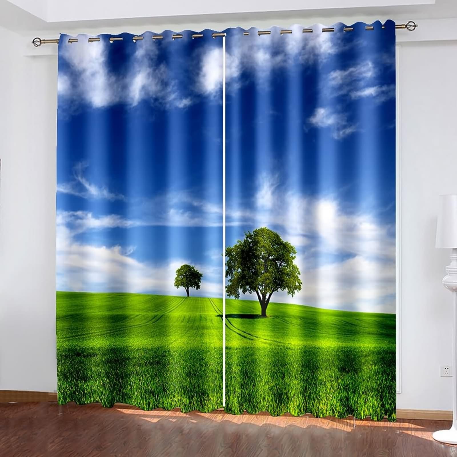 Czeska Krótka Kurtyna, Vintage Nieprzezroczysta Zasłona Niebieska Zielona Łąki i Niebo Drzewa Niebieski Poliester 2 Panele 264x274cm