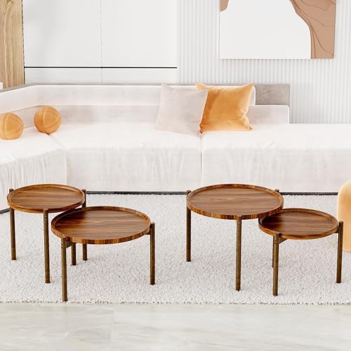 Miniatura 6 de Juego de 2 mesas de centro redondas anidadas, mesa auxiliar redonda, mesas anidables pequeñas, mesa auxiliar, para sala de estar, dormitorio, balcón