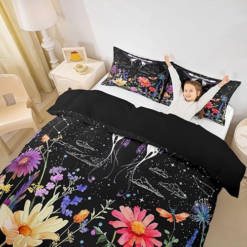 Miniatura 4 de Erosebridal Juego de ropa de cama bohemio con diseño de polilla de sol y luna, color negro y blanco, funda de edredón gótica de calavera de azúcar y