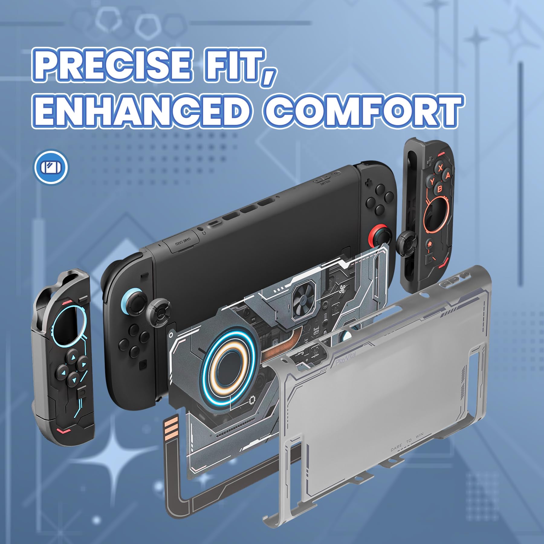 PlayVital Protective Case for Nintendo Switch 2, Stellar Mecha Ergonomic Anti-Slip Silicone Grip Cover, Dockable Hard Case Shell for Switch 2 with Joystick Cap & Sticker - Black - 5