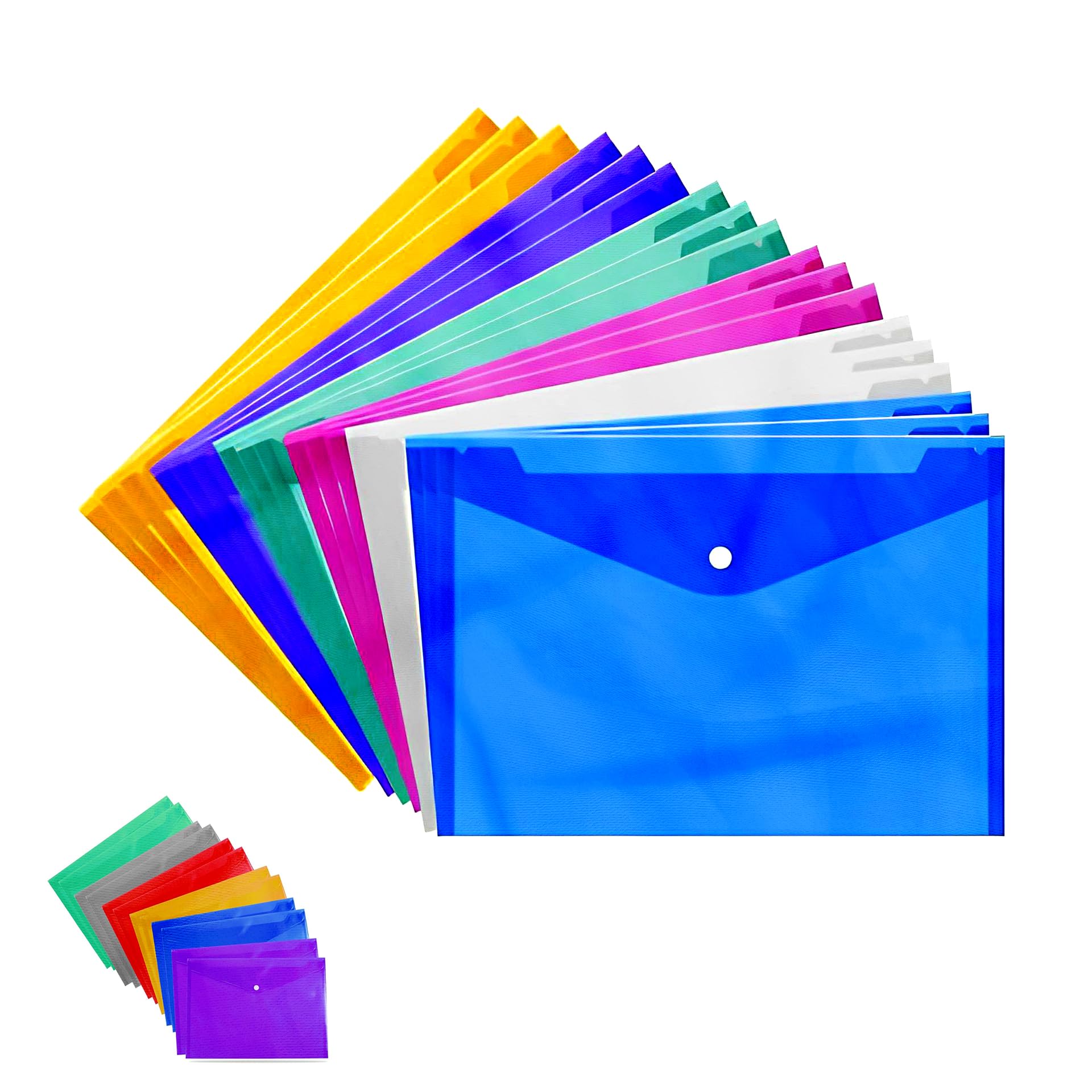 AIBULO Pack of 15 A5 Popper Wallets – Assorted Colour Plastic Document Folders for School, Office & Home – Compact Filing Wallets for Notes, Receipts & Paperwork Organisation
