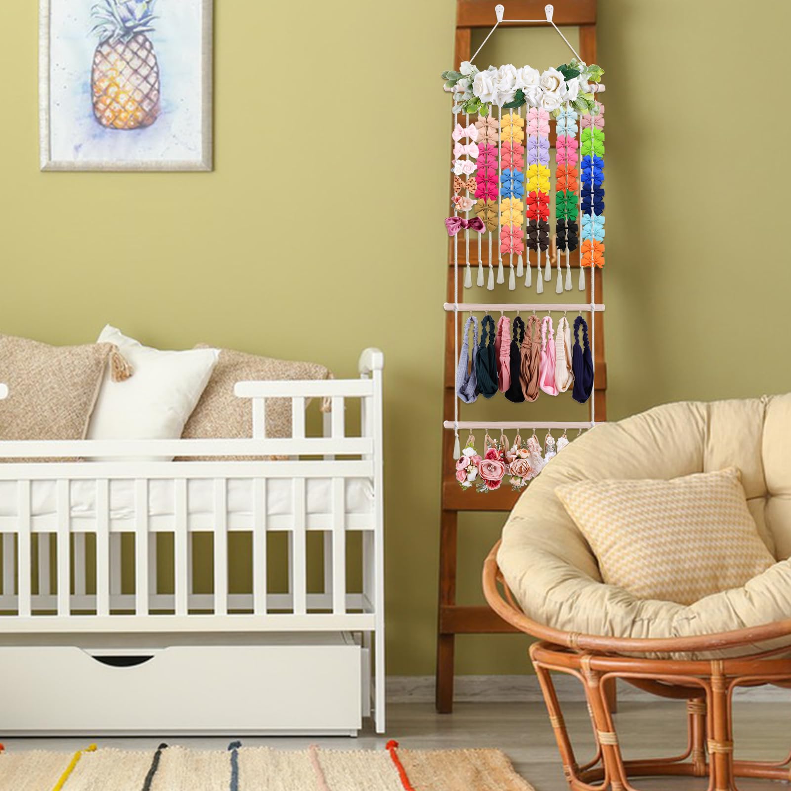 cherrboll Hair Bow Holder for Girls, Headband Organizer w/16 Hooks, Hanging Hair Clips Organization for Nursery Decor Room Wall