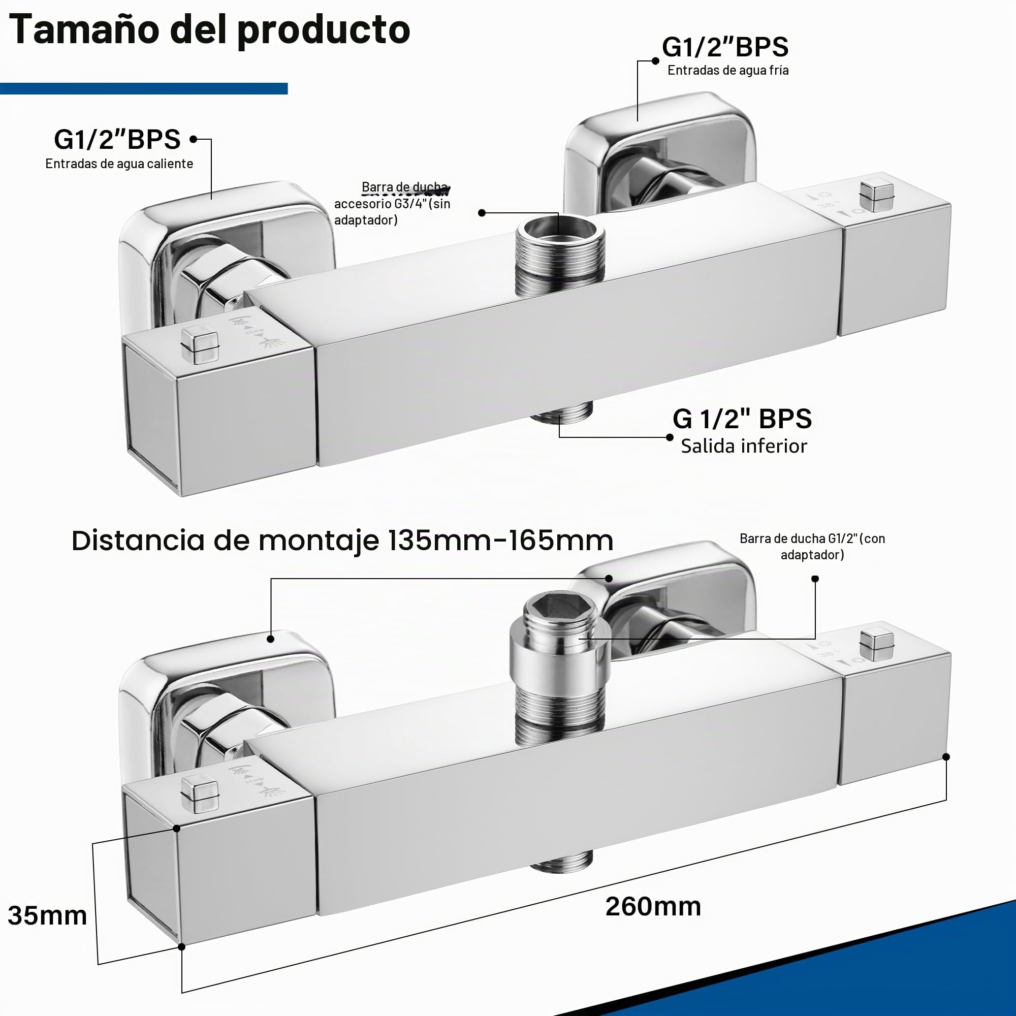 Grifo Termostático Ducha STANEW,Universal, 2 Salidas, Grifo de Ducha, Mezclador Termostático Para Ducha, Latón, Cromado Moderno, Alto 3/4" BSP (26,4 mm) + Bajo 1/2" BSP (21 mm)