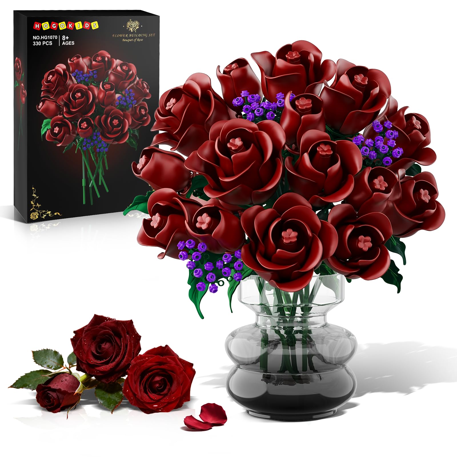 HOGOKIDS Blumen Rote Rosen Bausatz – 15 Burgunderrote Rose Ostergeschenk, 330 Teile Blumenstrauß Bauset Botanische Bausteine Künstliche Spielzeug Heimdekoration für Erwachsene Kinder 8+ Jahren