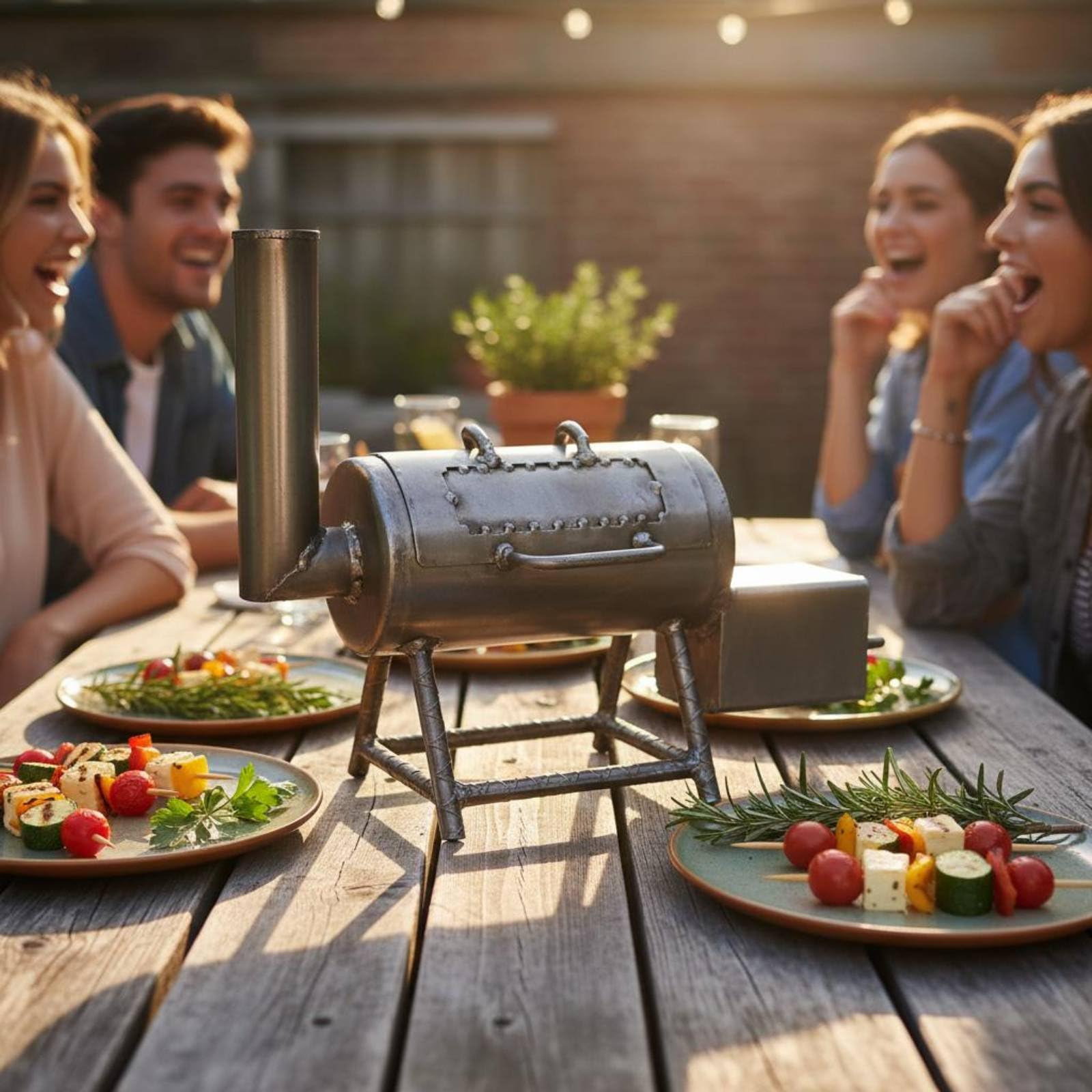 Barbecue Portatile da Tavolo Griglia Affumicatore Forno in Ferro Gusto Alla Formato Ridotto Struttura Spostabile con Fumo Offset Adatto per Feste tra Amici Cortili Terrazze Escursioni