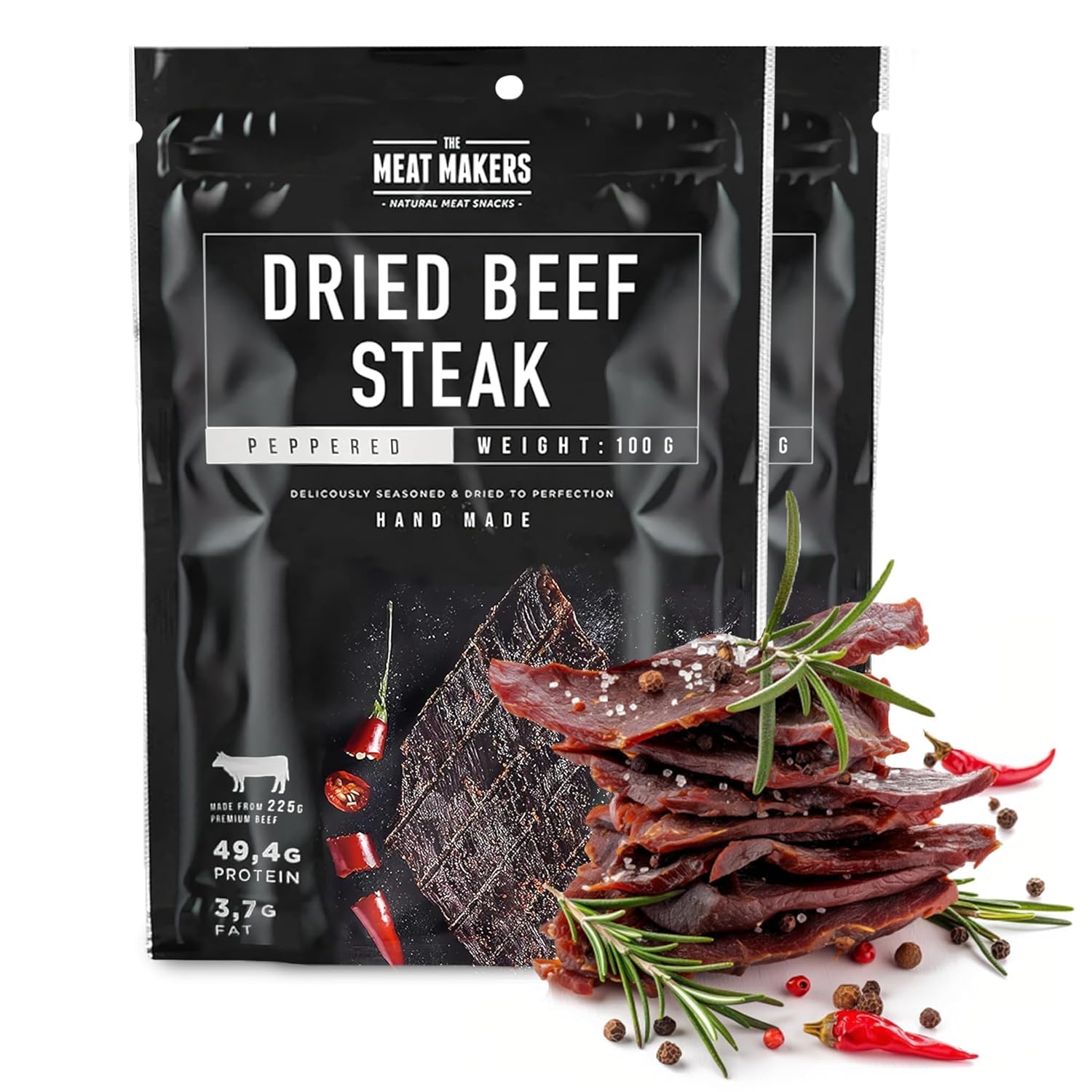 The Meat Makers Peppered Dried Beef Jerky Steak (200g) - Bistec de cecina de vaca seca, Cecina de Vaca, Carne Seca, Snack de Carne, Alto en Proteínas, Bajo en Calorías. Carne seca para personas.