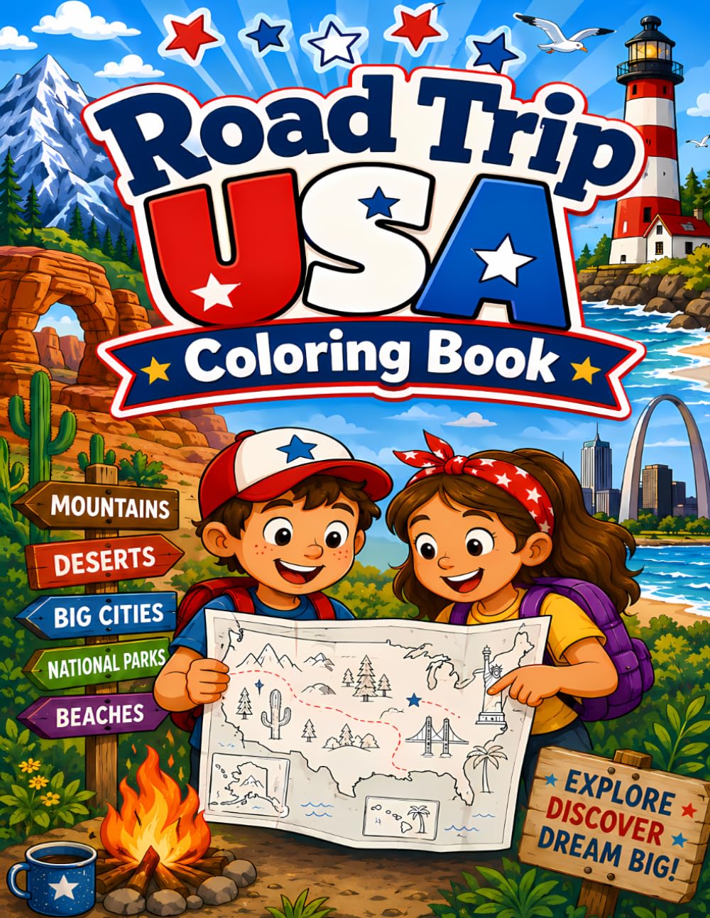 Road Trip USA Coloring Book: A Fun American Travel Coloring Adventure with Landmarks, Scenic Roads, Beaches, Mountains and City Scenes