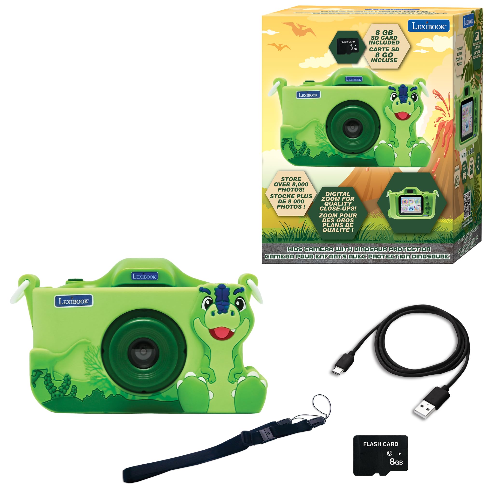 Lexibook, Dinosaur, 4-in-1 Camera for Kids with Protection, Photo, Video, MP3, and Games Functions, 15 Frames to Customize Your Photos, 8 GB Memory Card Included, DJ078DINO
