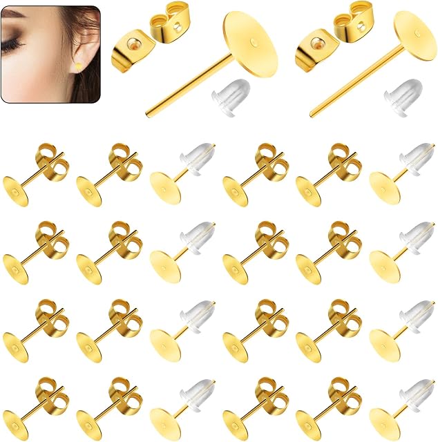 ASTER 1200 Pieces Gold Earring Posts Set Hypoallergenic Flat Pad Earring Posts Studs and Earring Backs for Earring Making
