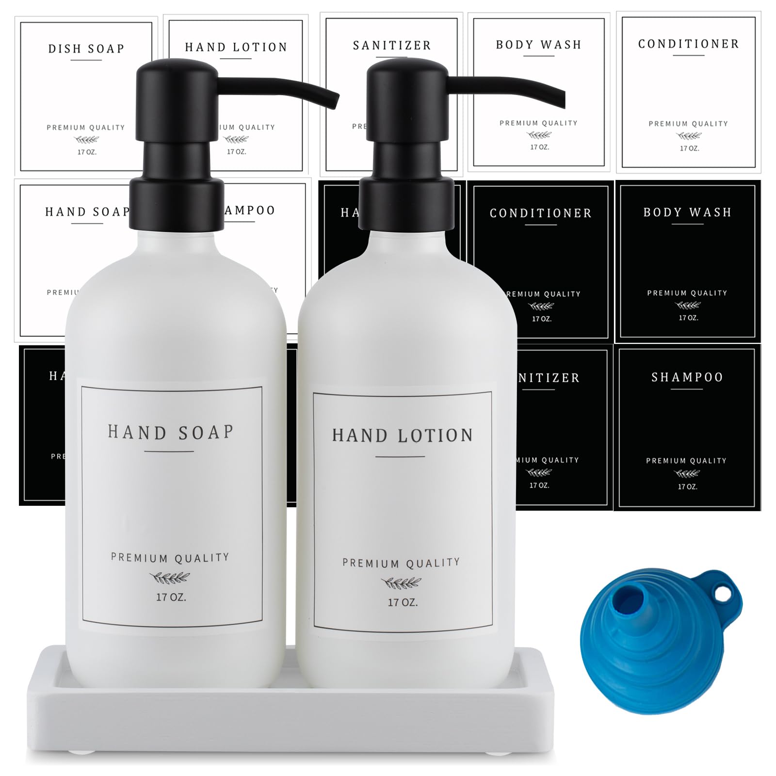 Thick Glass Soap Dispenser - Kitchen Dish Hand Soap Dispenser Set,Rustproof Pump Soap Lotion Dispenser Bathroom with Tray,14 Stickers for Kitchen Decor White Bottle/Black Pump