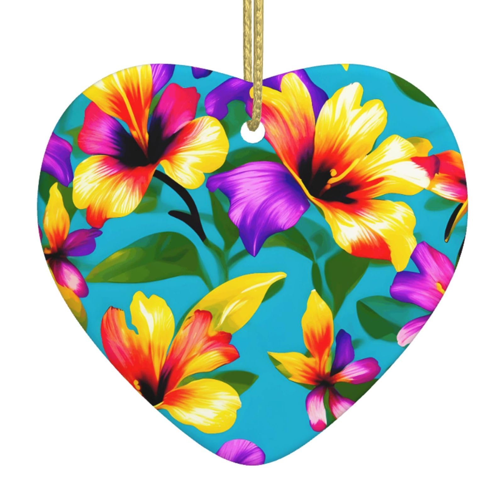 Nbtghga White Hawaiian Colorful Flowers Print Christmas Ornaments, Ceramic Hanging Ornament, Xmas Tree Decoration, Holiday Home Decor