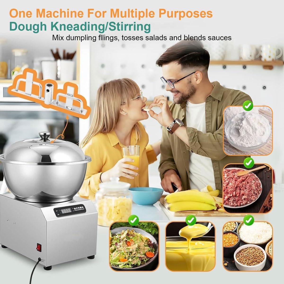 Amasadora eléctrica en Espiral de 2200 W con Doble rotación y Bol de Acero Inoxidable Apto para Uso alimentario en panaderías y restaurantes. (8kg)